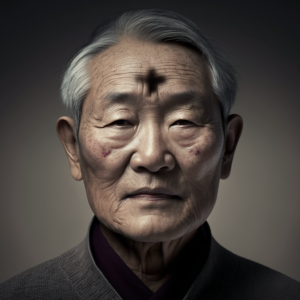 Ash Wednesday stock images. Older Asian man looks ahead with ashes on his forehead.