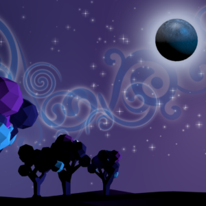 Psalm 42:8 Graphics. Low-poly night scene with trees and a full moon.
