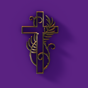 Lent 2024 Graphics. A golden cross, featuring both thorns and a palm frond, to mark the season of Lent.