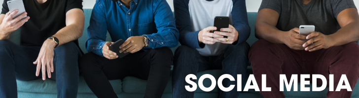 Image features a row of people on the smartphones on social media apps.