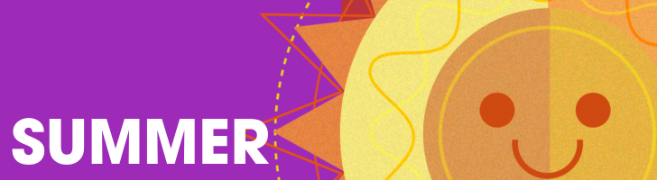 A bright colorful sun against a purple background