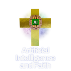 Artificial Intelligence and Faith Social Media. An image of a brain with an AI computer chip on a golden Christian cross.