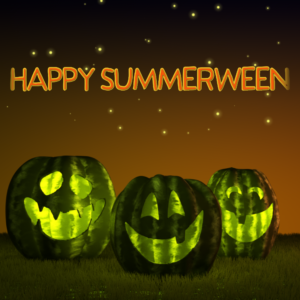 Summerween. A trio of Jack-o-Melons help you celebrate Summerween (Veranoween en español).