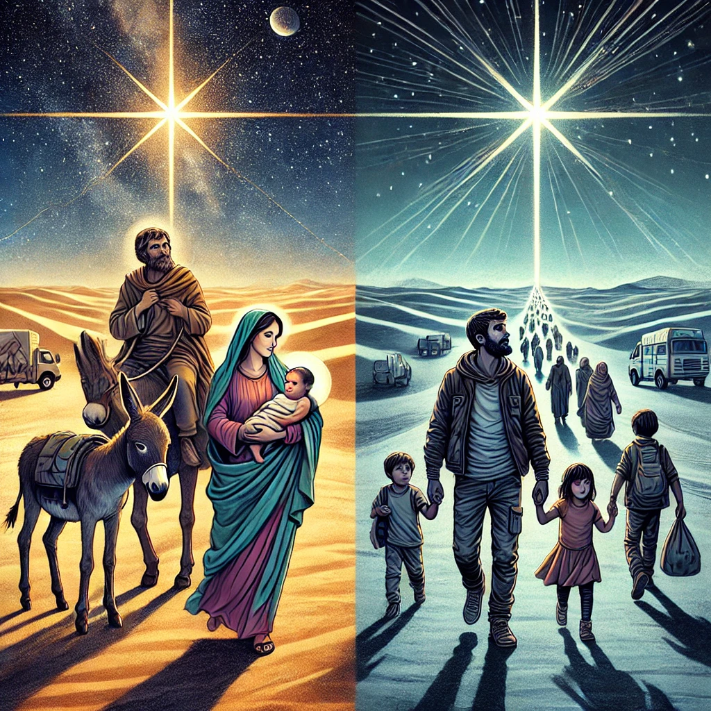 Image compares the Holy Family to modern refugees