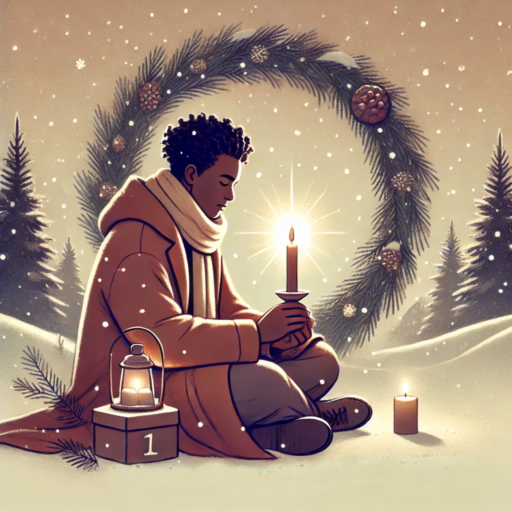 African-American male sits in the snow, thinking about the season of Advent.