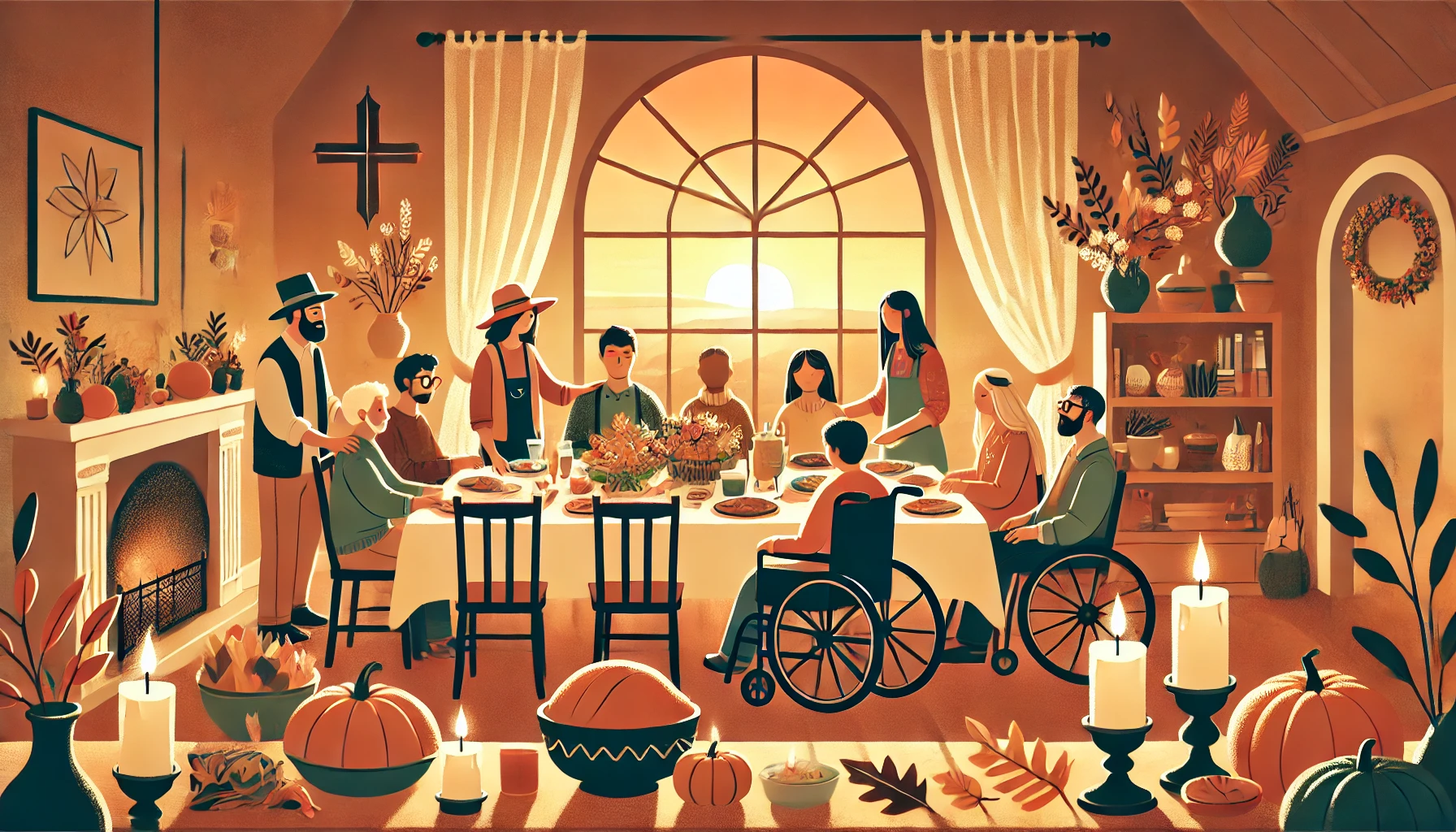 Illustration features a diverse group of people gathered for Thanksgiving dinner.