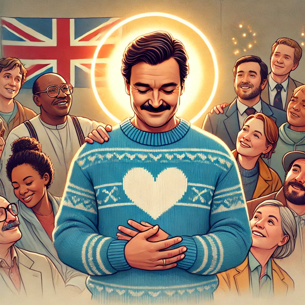 Illustration imagines Ted Lasso as a holy saint, surrounded by an adoring crowd.