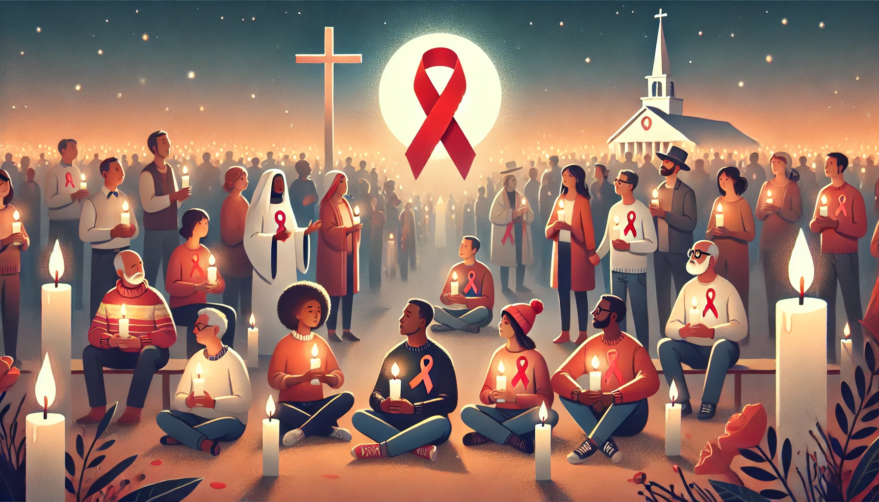 World AIDS Day. Illustration features a diverse group of people at a candlelight vigil.