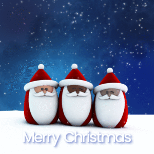 Three Santas Social Media. Three friendly Santas sitting in the snow