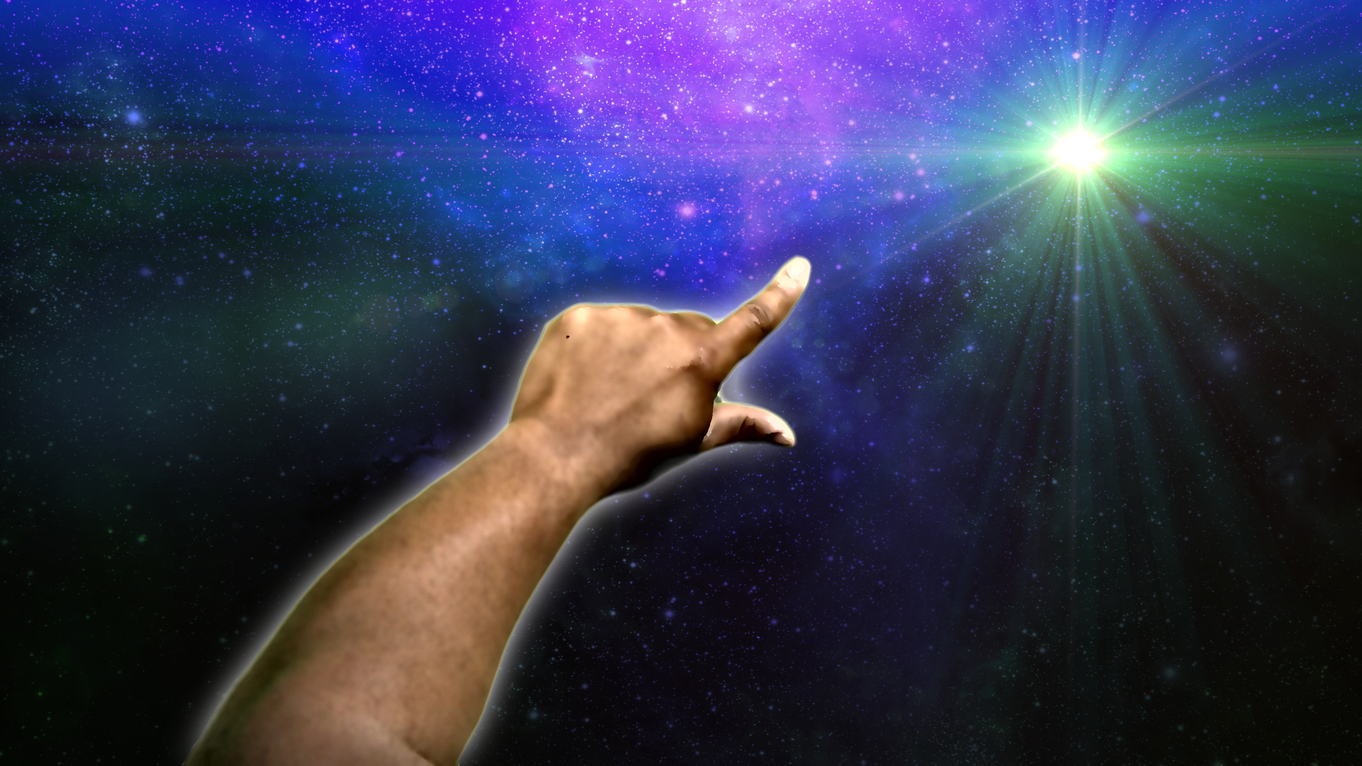 A hand points into the night sky toward a bright star.