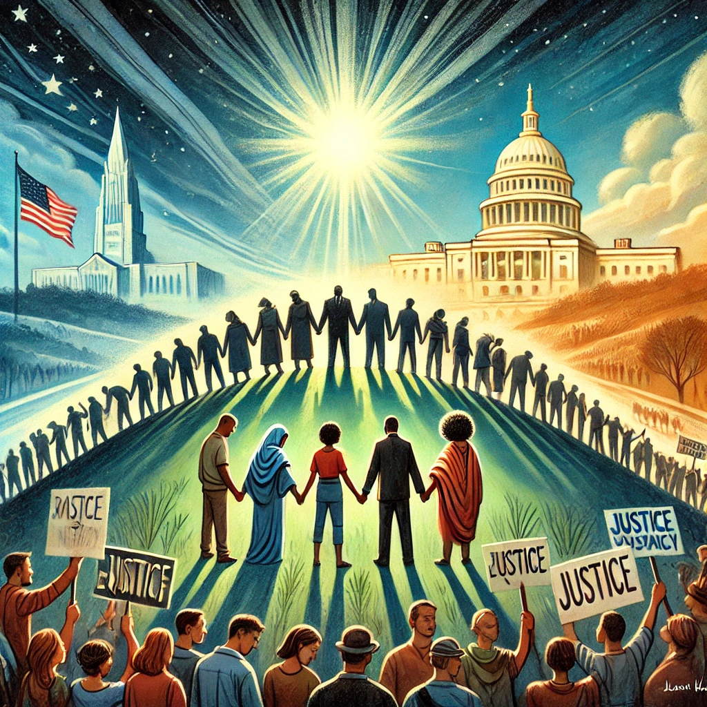 A diverse group of people coming together to fight against discrimination and injustice