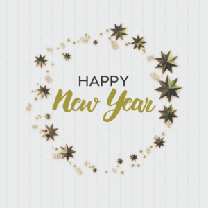 Golden New Years. Golden stars and circles surround the words "Happy New Year."