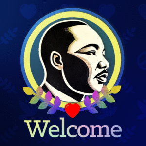 Speak for Peace Videos. A stylized portrait of Dr. King against a blue patterned background.