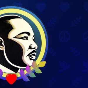 Speak for Peace Graphics. A stylized portrait of Dr. King against a blue patterned background.