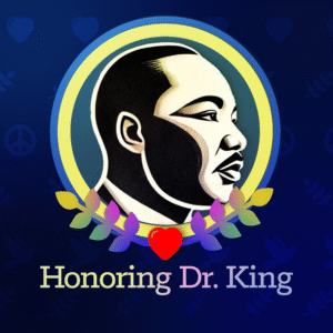 Speak for Peace Social Media. A stylized portrait of Dr. King against a blue patterned background.