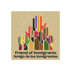 Raised Hands Solidarity and Friendship for Immigrants Magnet. This square magnet features colorful hands raised in solidarity, depicting friendship for immigrants.