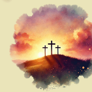 Lenten Horizons Graphics. A sky of purple and orange overlooks three crosses on a hill.