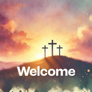 Lenten Horizons Videos. A sky of purple and orange overlooks three crosses on a hill.