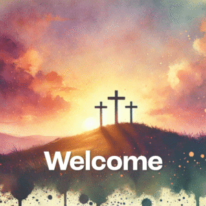 Lenten Horizons Social Media. A sky of purple and orange overlooks three crosses on a hill.