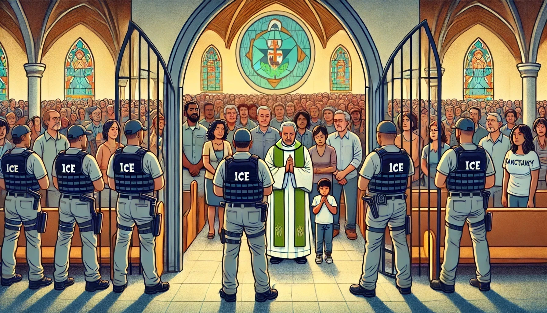 People in a church sanctuary blocking ICE officials from entering their sacred space.