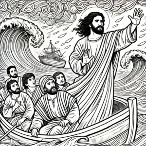 A-black-and-white-coloring-page-of-Jesus-calming-the-storm.-The-scene-features-Jesus-depicted-as-a-Middle-Eastern-man-with-curly-hair-and-a-beard