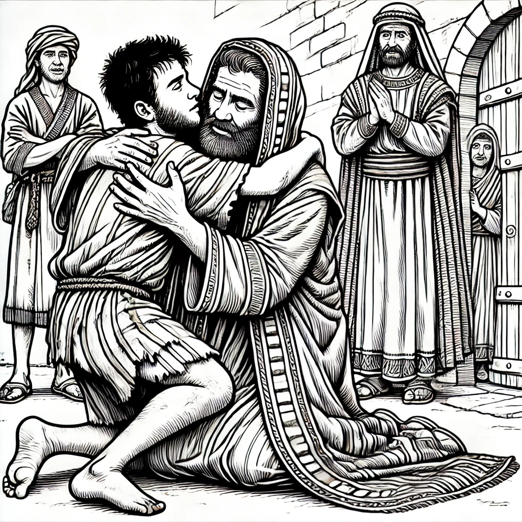 A-black-and-white-coloring-page-of-the-Prodigal-Son-returning-home.-The-scene-features-the-Prodigal-Son