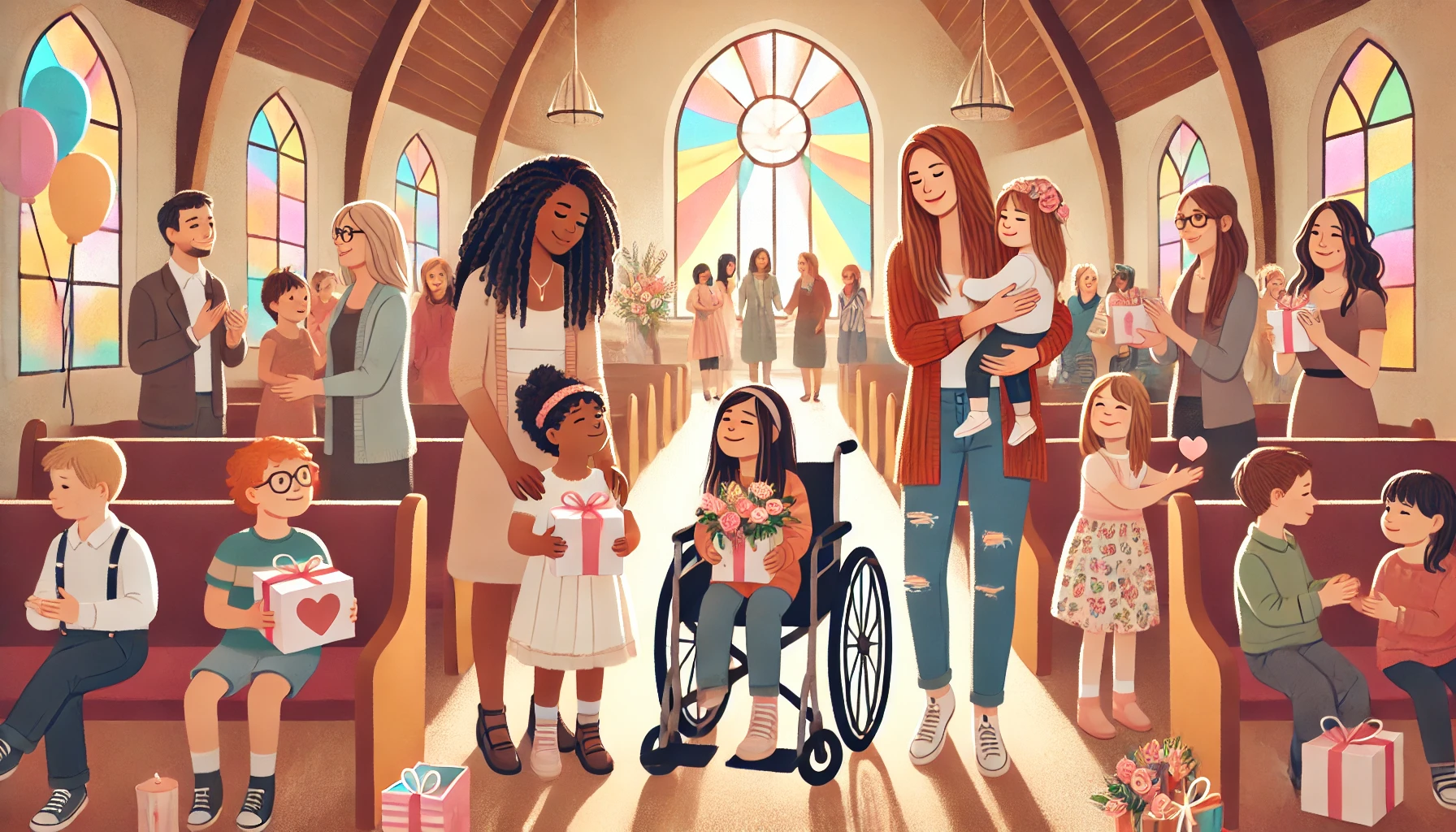 Heartwarming illustration of diverse mothers and children celebrating Mother's Day in a church setting. Features a mother in a wheelchair, a lesbian couple with their child, and mothers of different races and ethnicities. A warm, inclusive scene with stained-glass windows and children presenting handmade gifts.