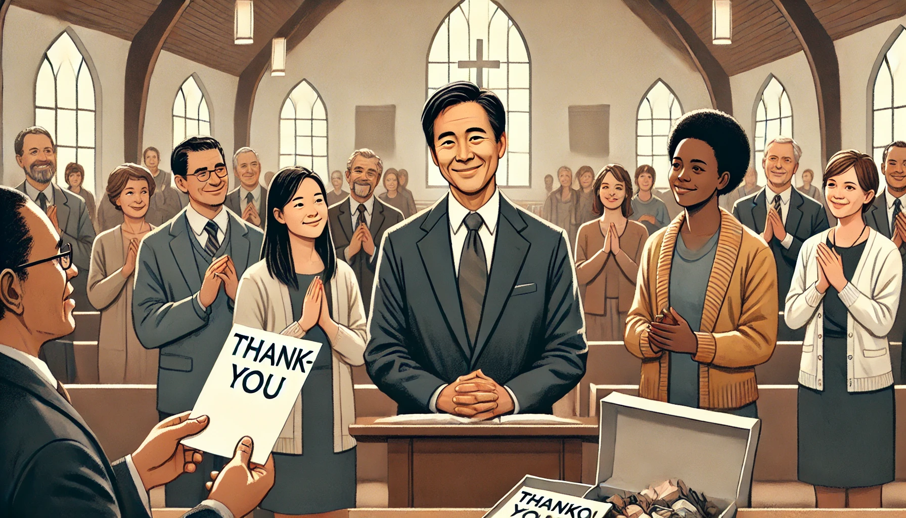Illustration of a diverse pastor appreciation scene featuring an Asian-American pastor and a Black congregant in a warm church setting.