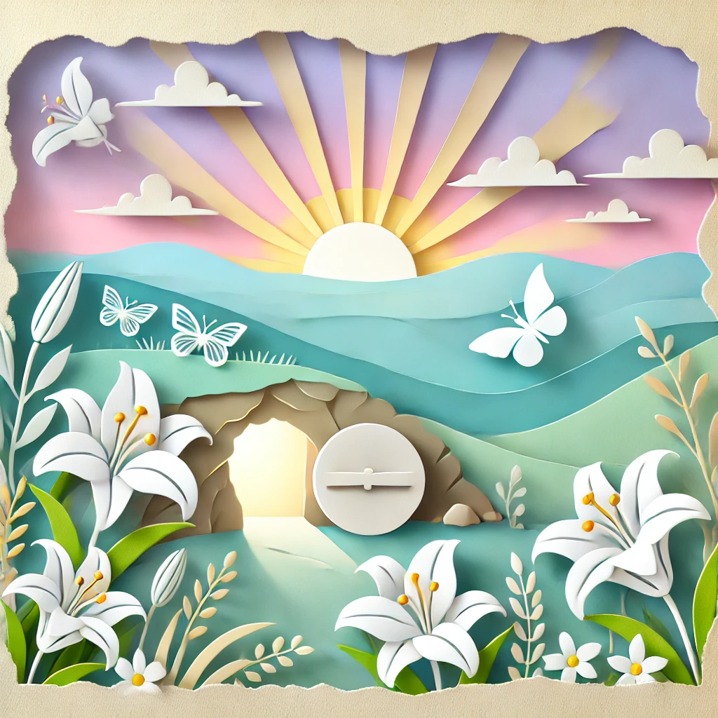 Easter Sunday sermon ideas. Paper cut illustration features an empty tomb at sunrise.