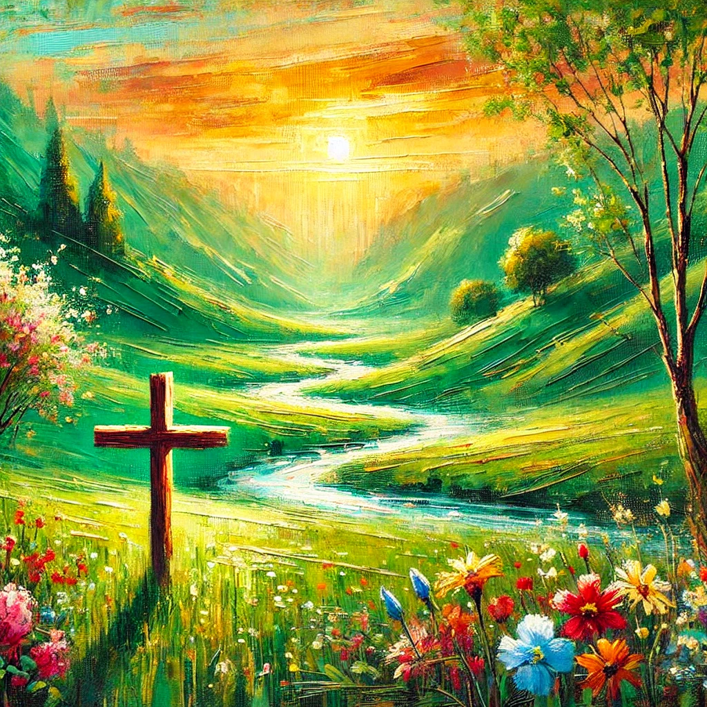 Eco-Lent. A wooden cross sits in a lush, green woodlands by a river stream.