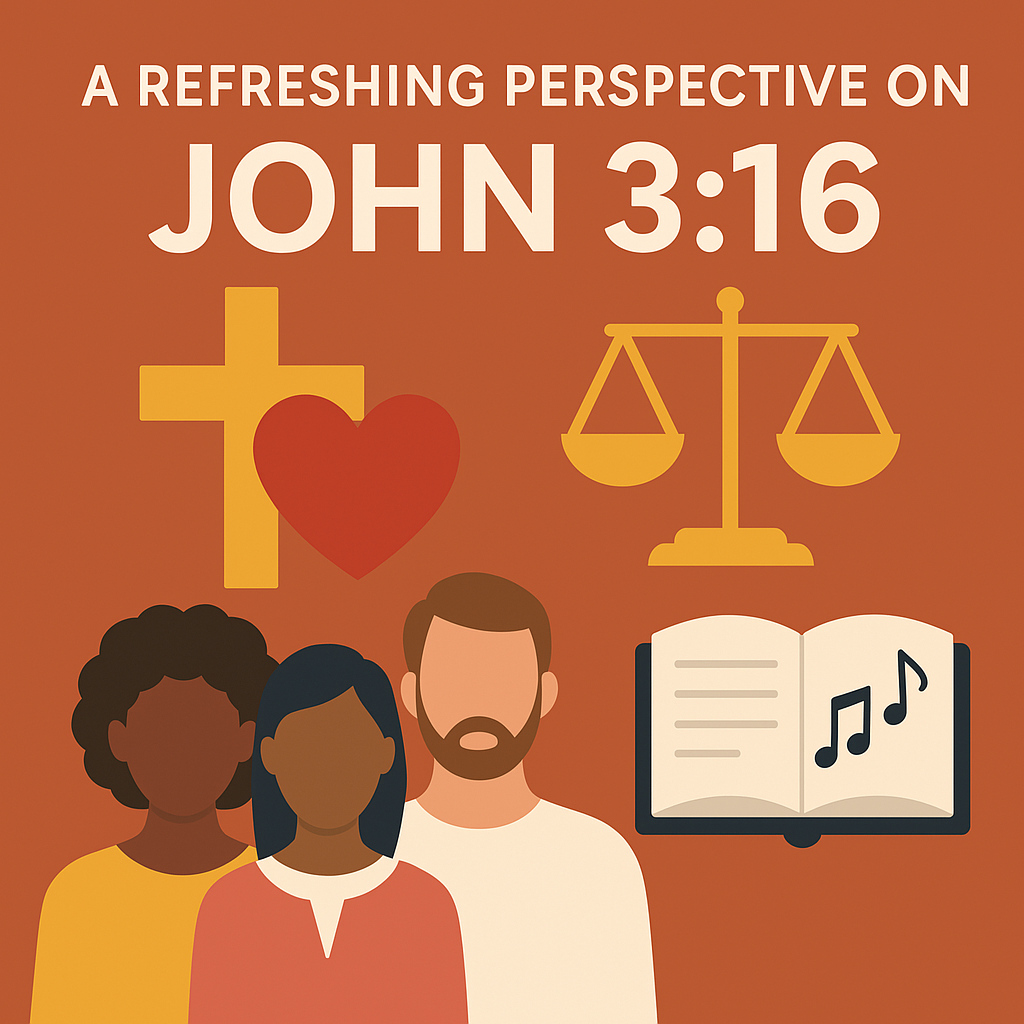 John 3:16. Image features images such as a cross, a heart, and the scales of justice.