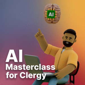 AI Masterclass for Clergy. Image features a man with a laptop having an idea inspired by AI.