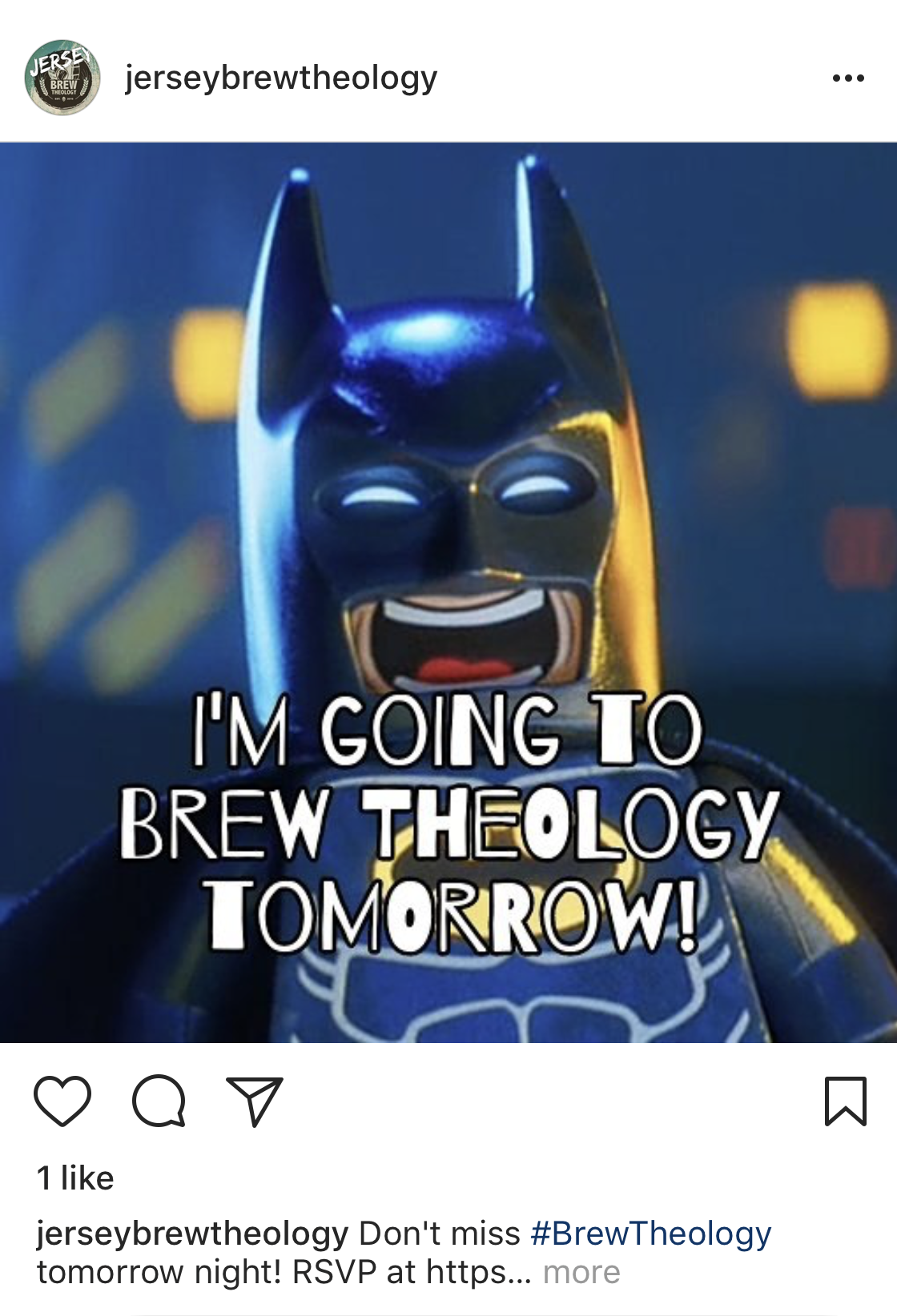 Social media image features a closeup of a Lego Batman figure