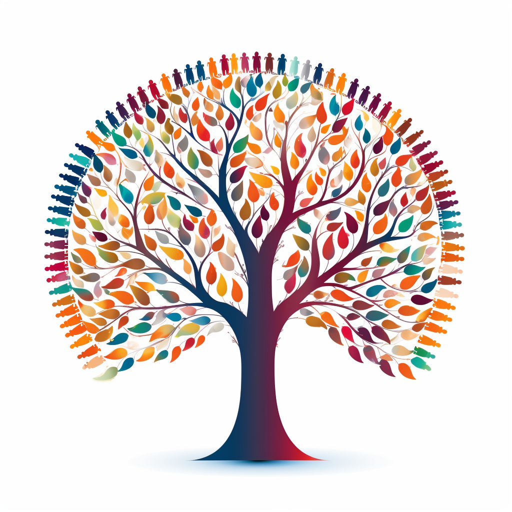 Image shows a vibrant tree made of people of various colors.