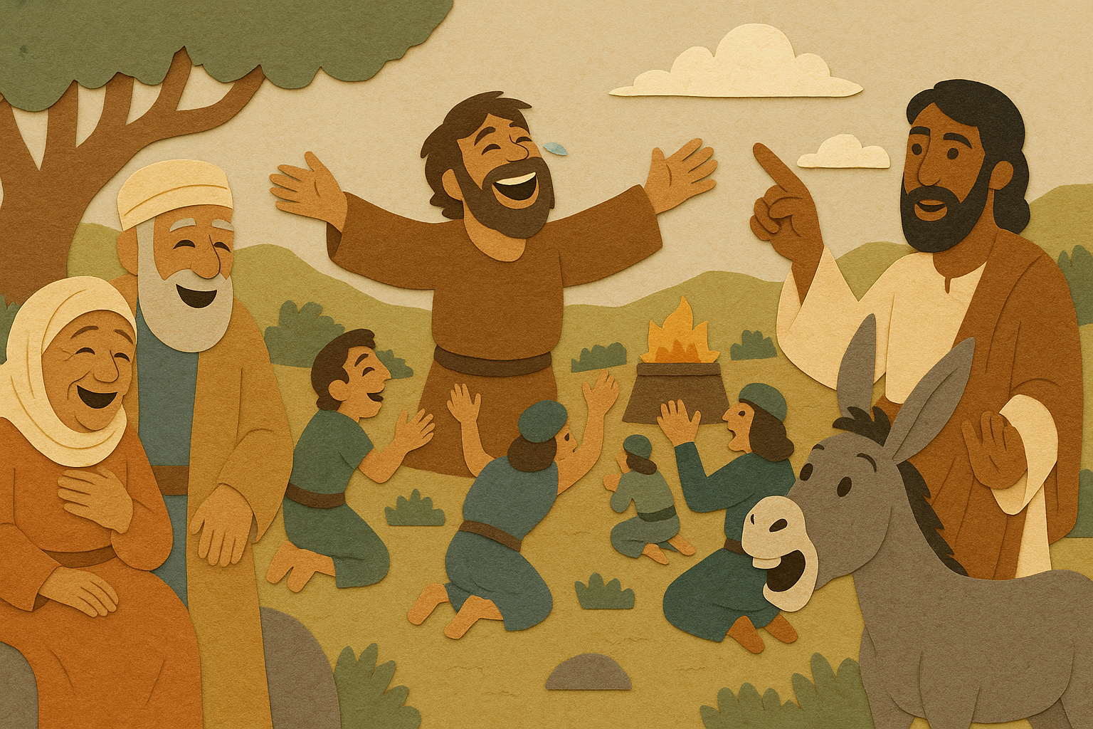 A vibrant cartoon-style illustration depicting humorous biblical moments, including Sarah laughing at God's promise, Elijah mocking the prophets of Baal, and Balaam’s talking donkey. This image captures the joy, wit, and irony found in Bible stories.