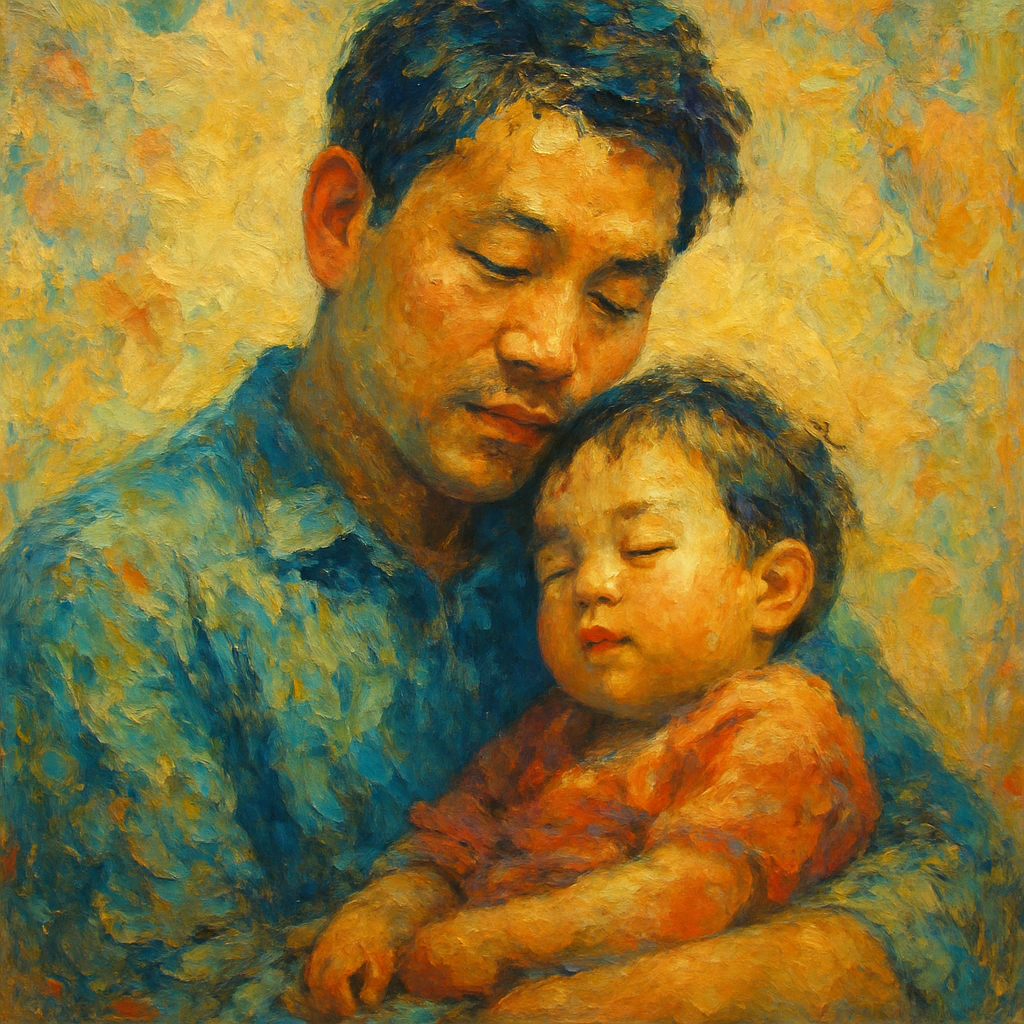 Father's Day Scriptures. A father holds his young child in his arms.