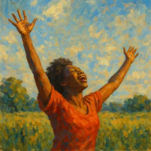 Person with arms raised joyfully in a red shirt standing in a green field under a blue sky, painted in folk art style celebrating Juneteenth freedom and emancipation, worship stock image — worship stock image for progressive churches