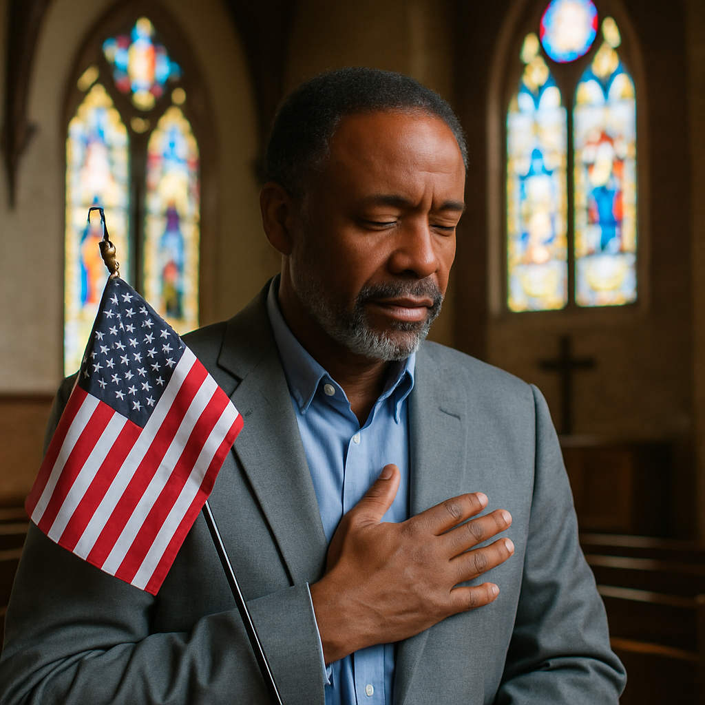 Honoring Faith and Patriotism. A black man places his hand over his heart while standing in a church sanctuary.