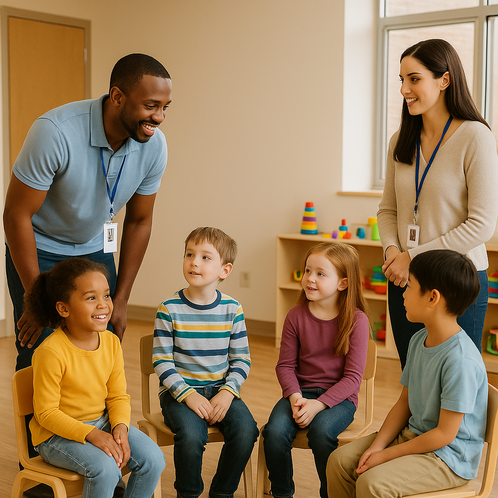 Children's Ministry Safety. A diverse group of adults and children in a safe, secure Sunday School classroom.