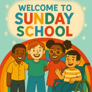 Welcome to Sunday School with diverse children smiling together, including a child in a wheelchair, set against a colorful rainbow background with cheerful typography, worship stock image for progressive churches