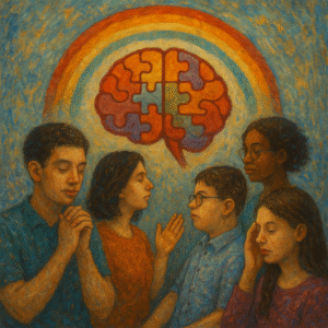Illustration of a diverse group of people in a church setting, including individuals with visible and invisible disabilities, worshiping together in a peaceful, inclusive space.