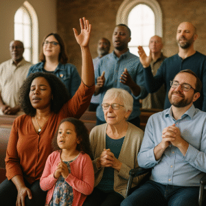 Inclusive Worship Moments. A diverse group of people in worship.