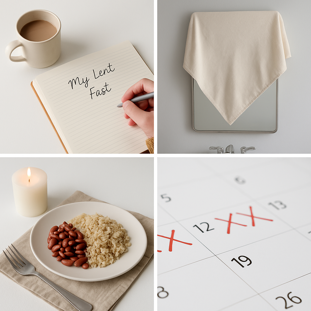 A collage showing Lenten practices: journaling a fast, a mirror covered with cloth, a simple meal of rice and beans with a candle, and a calendar with marked Lent dates.
