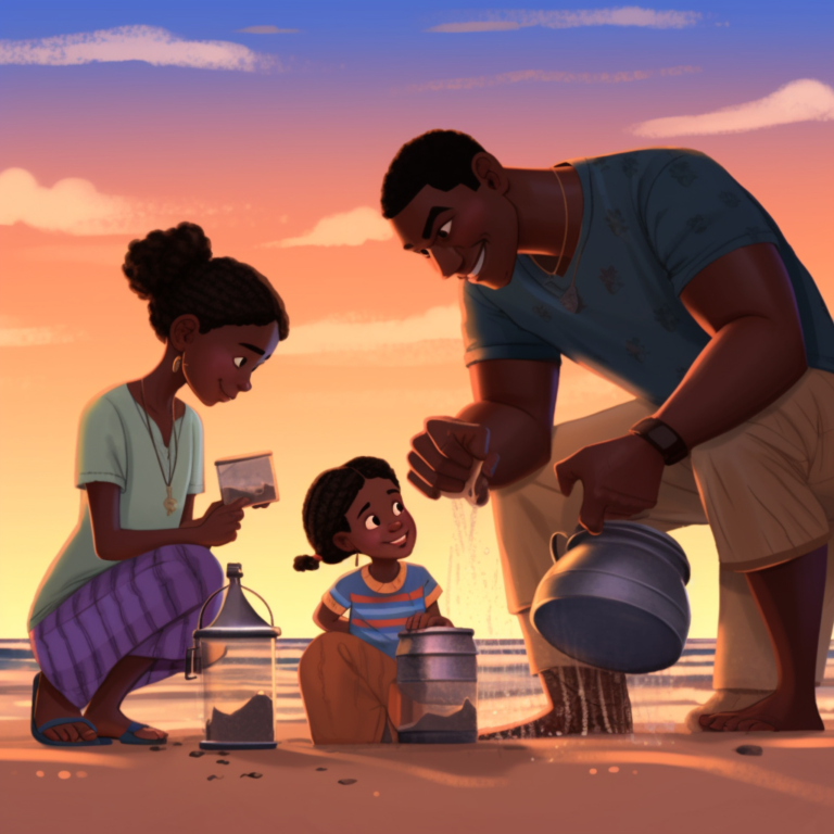 African-American family enjoying summer fun at the beach