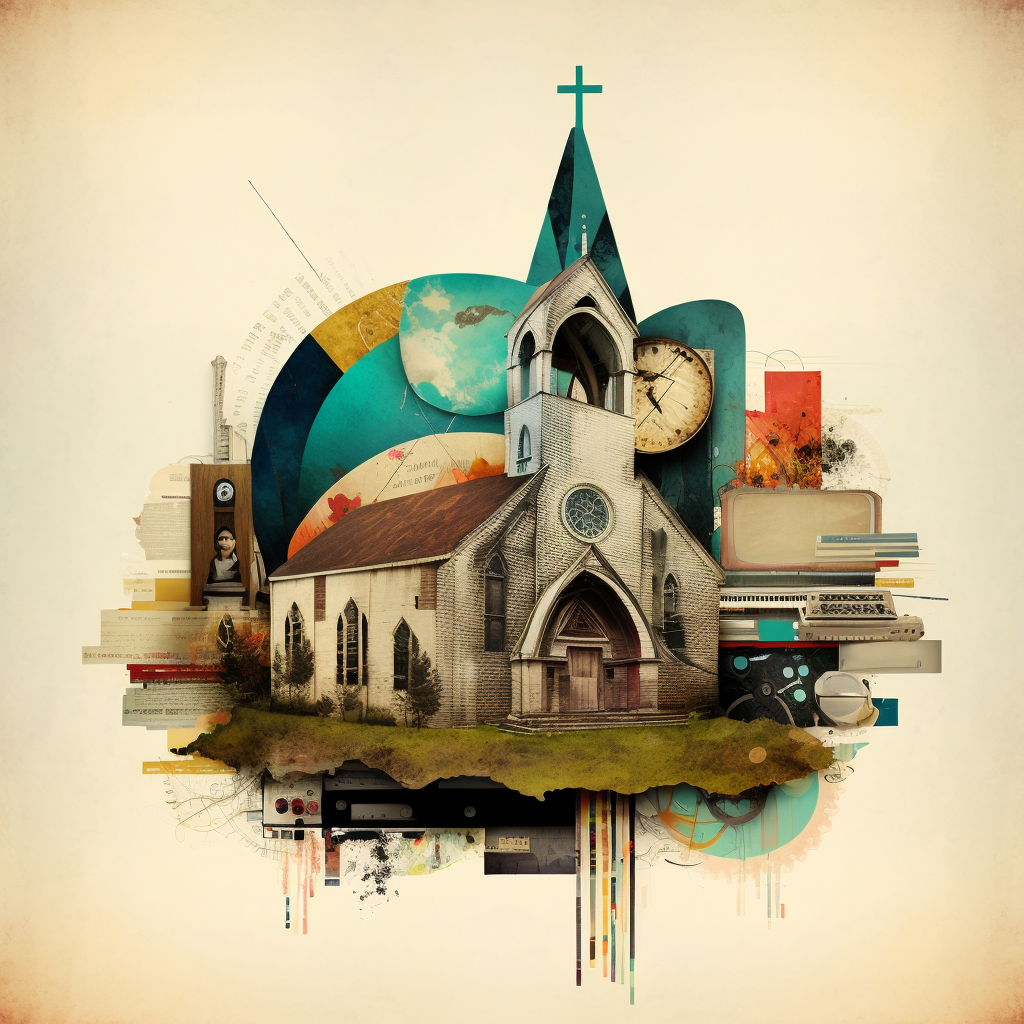 Design features many different types of multimedia with a church.