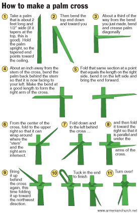 Diagram shows how to fold a palm frond into a cross.