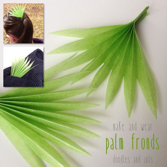 Images shows how to fold a paper palm frond to wear in your hair