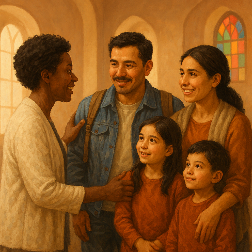 Member of clergy speaking with an immigrant family