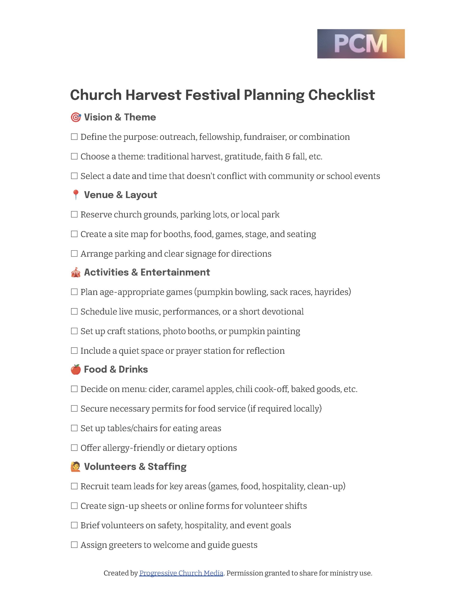 Sample of a planning checklist for a Church Harvest Festival