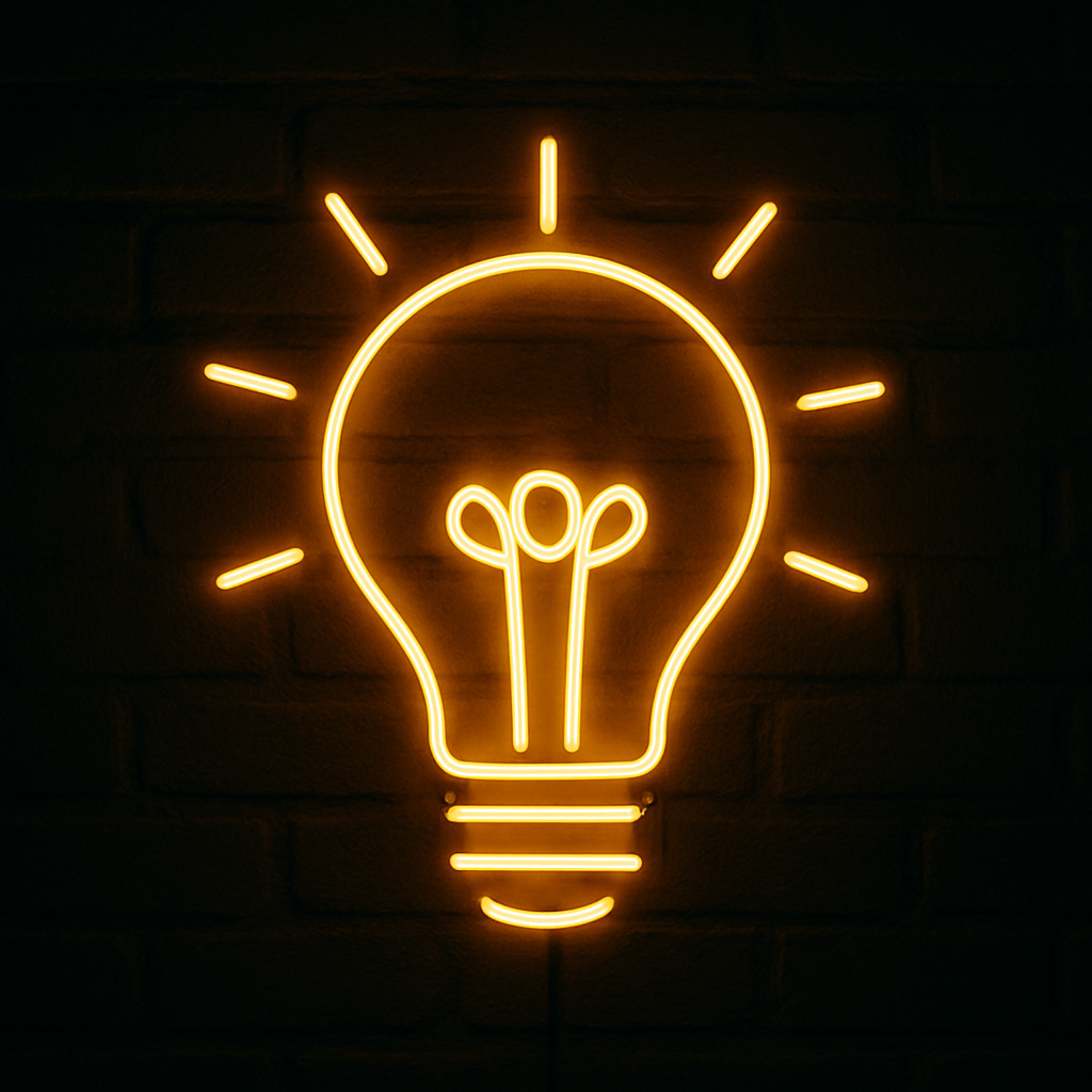 A neon lightbulb glows with an idea.